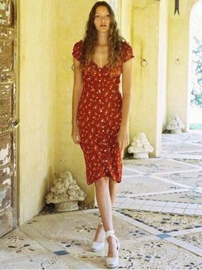 NWOT With Jean Emelie Red Floral Button Front Midi Dress SIZE M